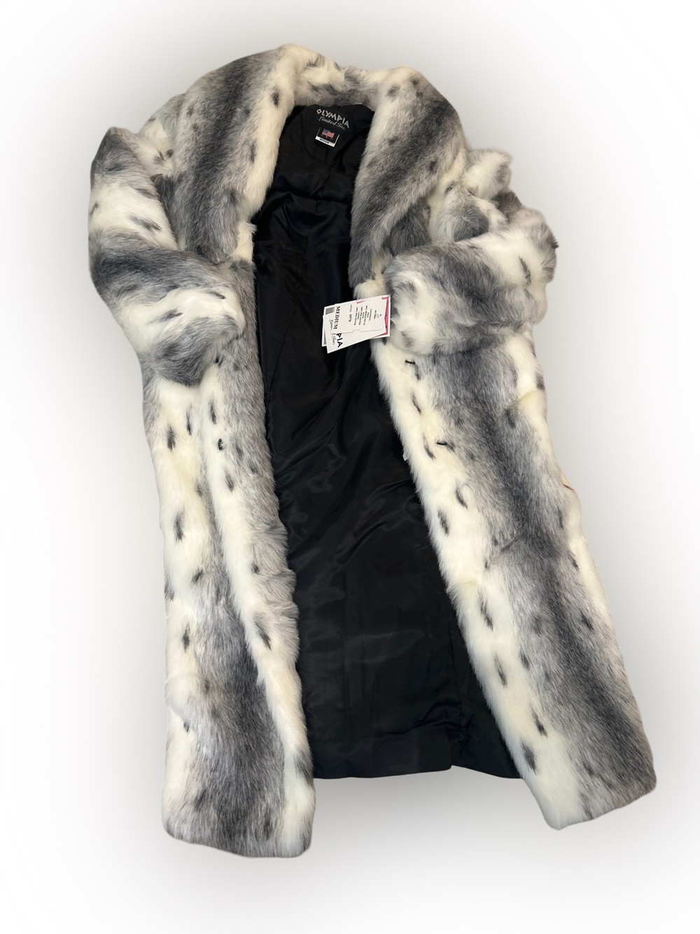 Rare Vintage Olympia Faux Fur Coat Womens M Snow Leopard Print Maxi Long Glam - Picture 1 of 16